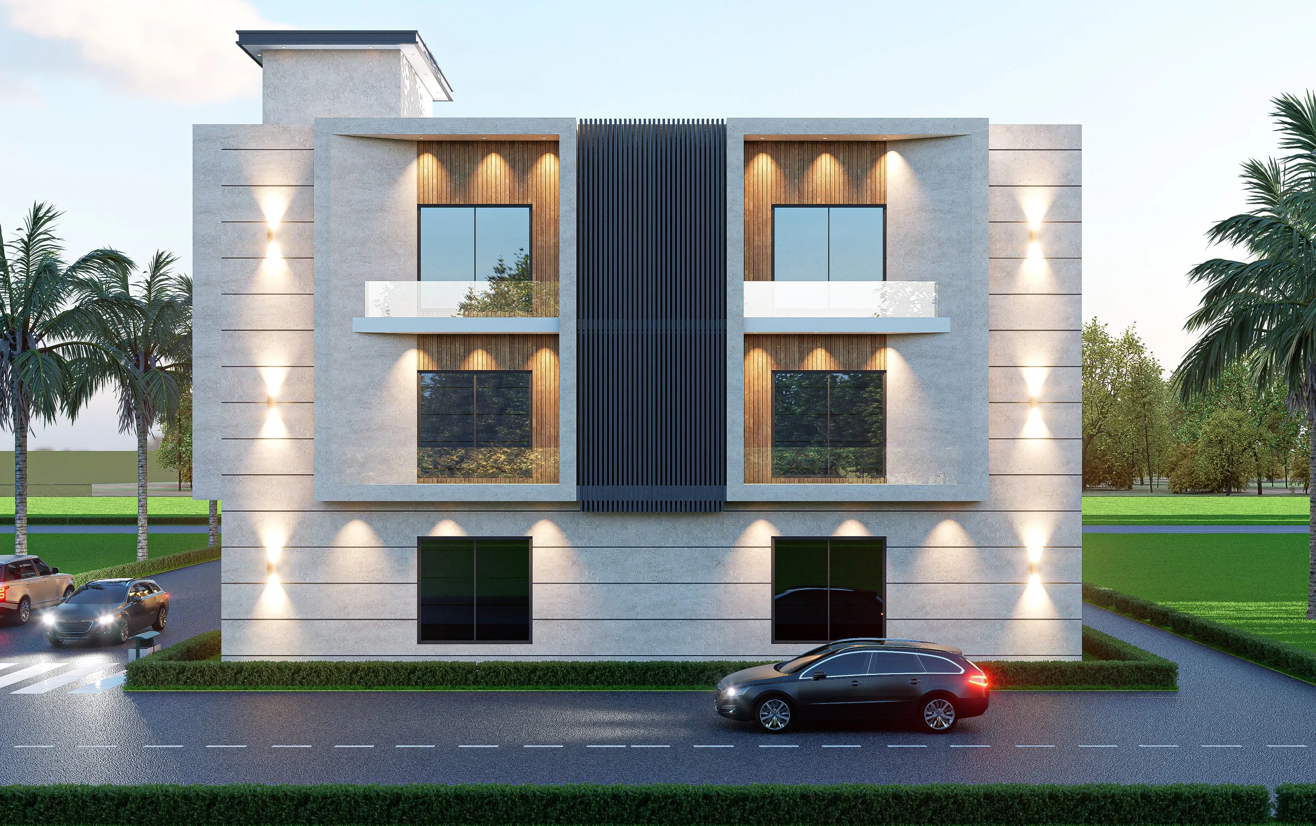 Corner elevation with wall lighting and glass balconies
