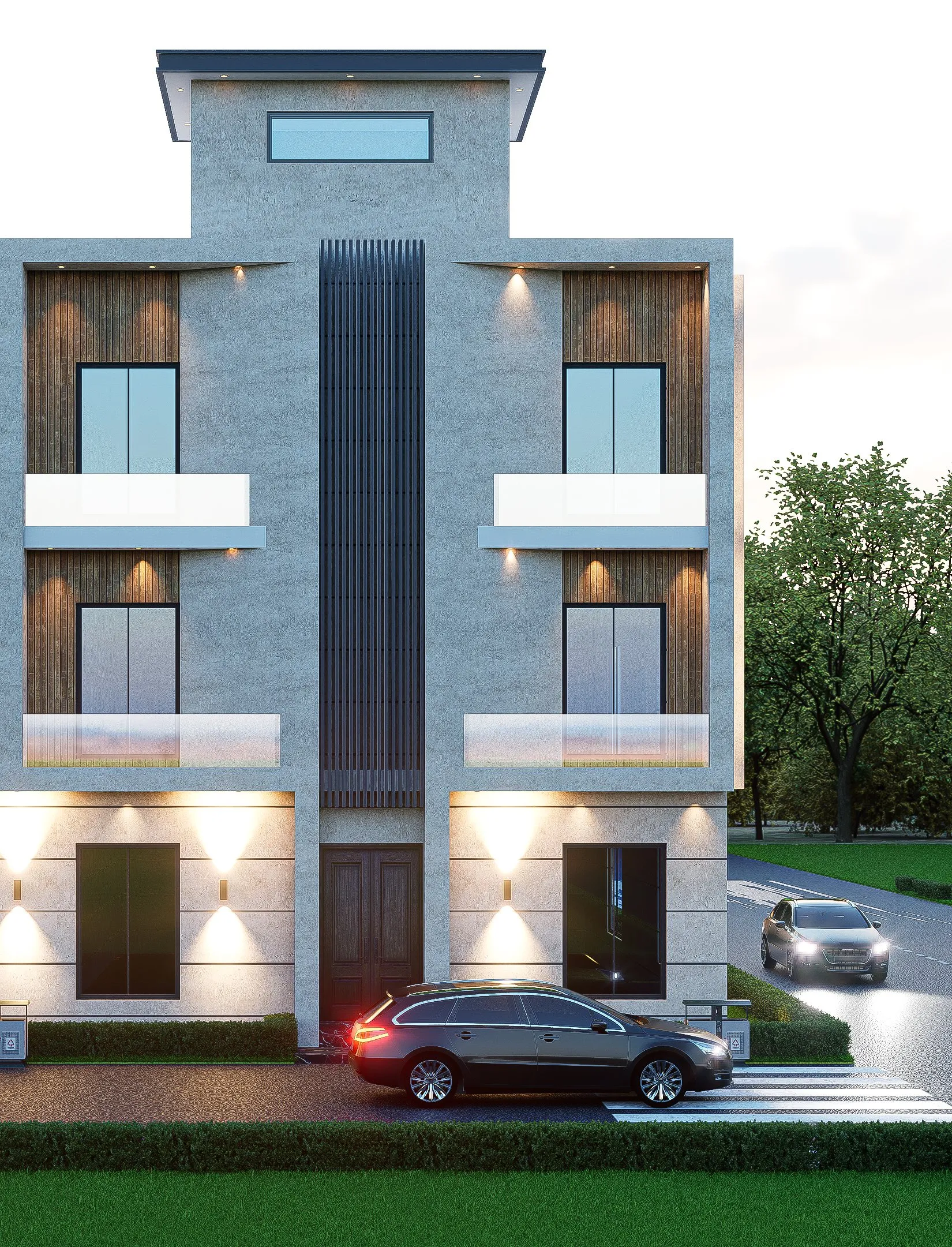 Front elevation of a Luxury Pine Villas townhouse showing three floors