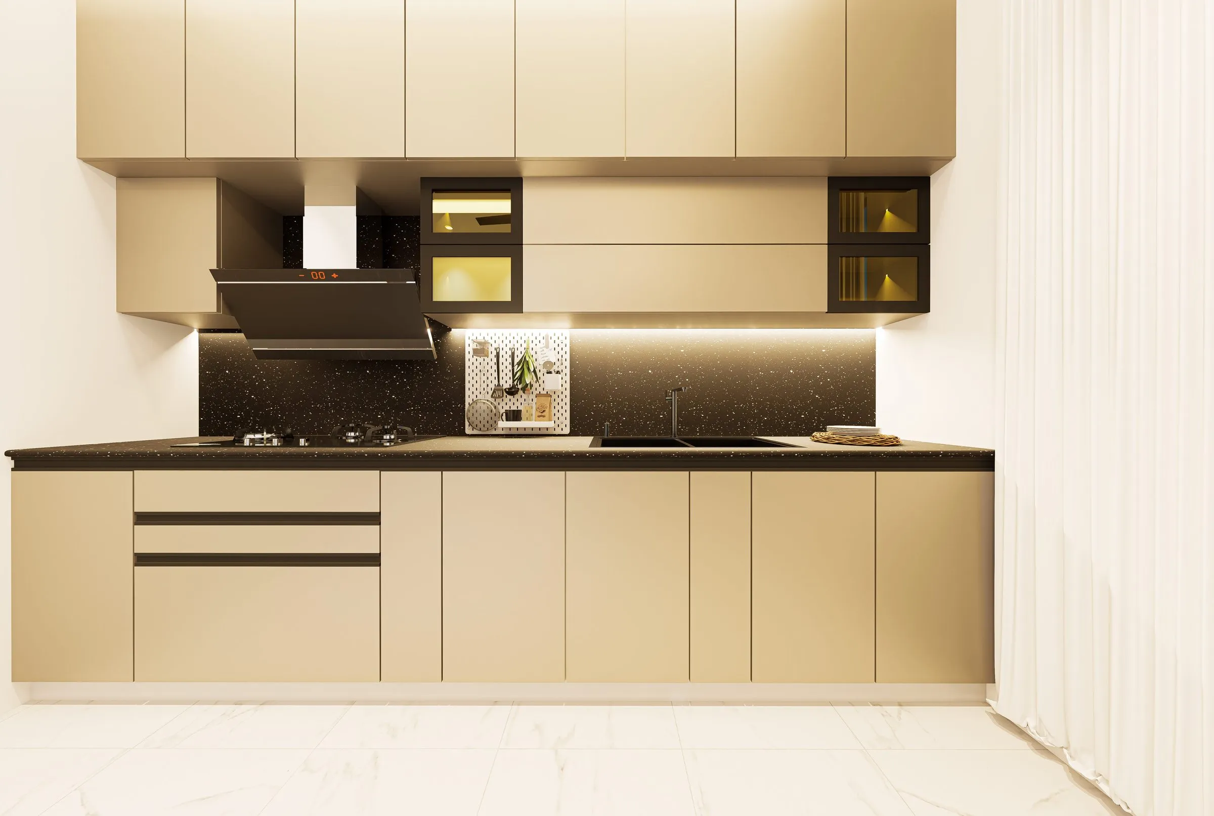 Modern kitchen with matte beige cabinets, black stone worktop, glass-front cabinets and a chimney hood