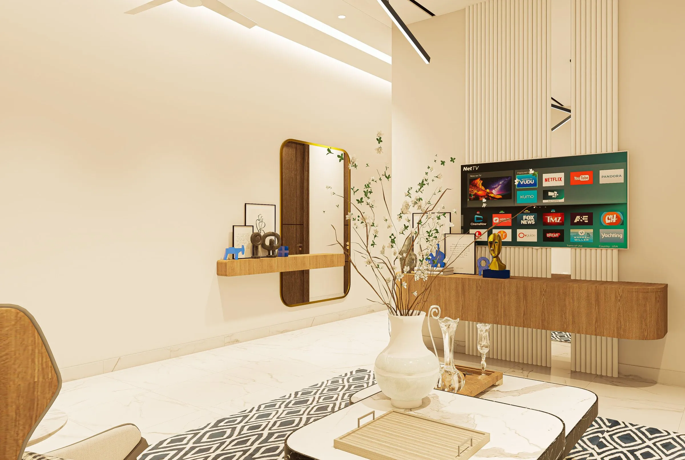 Lounge with a floating timber console and wall-mounted TV
