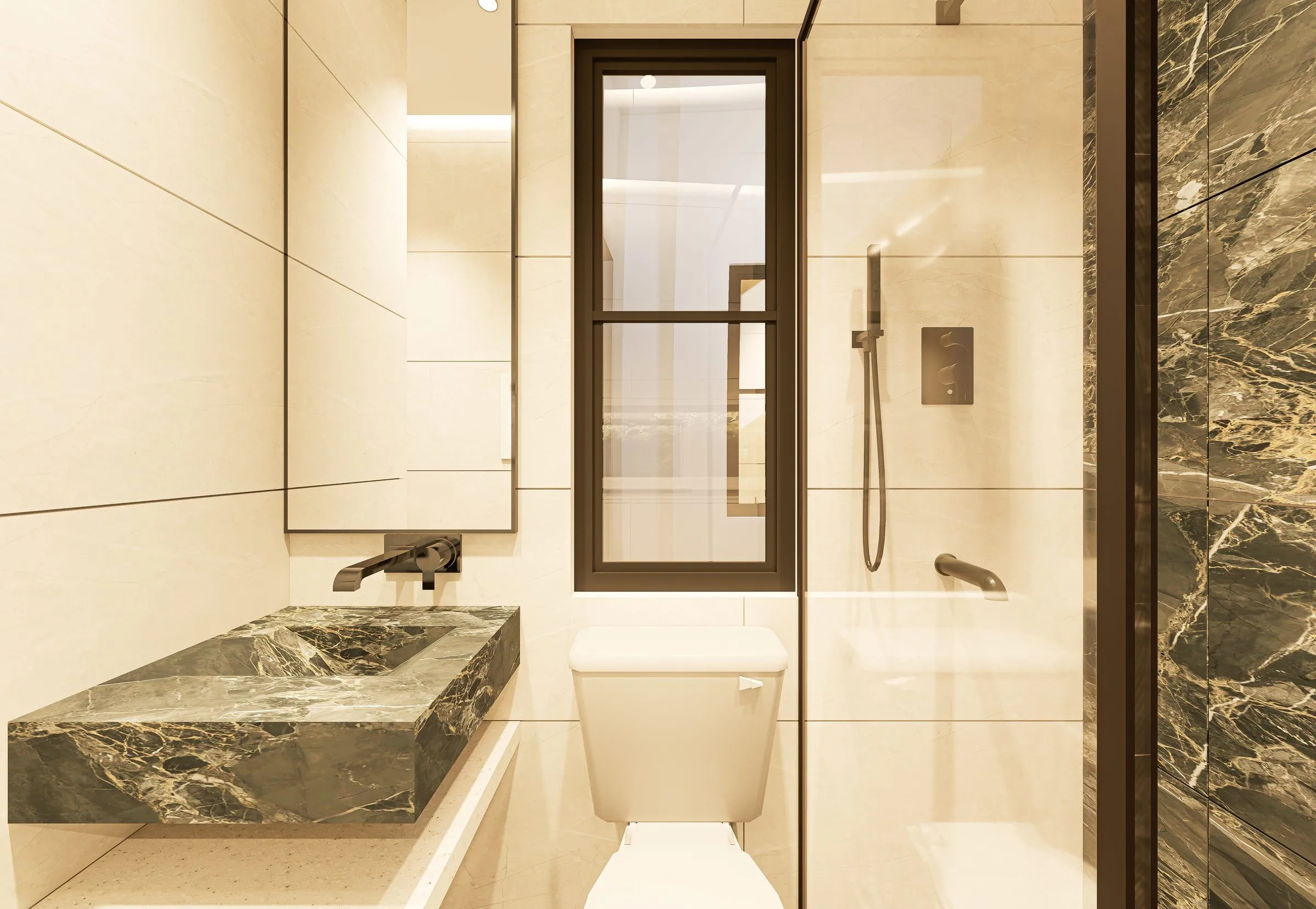 Master bathroom with marble vanity and glass shower