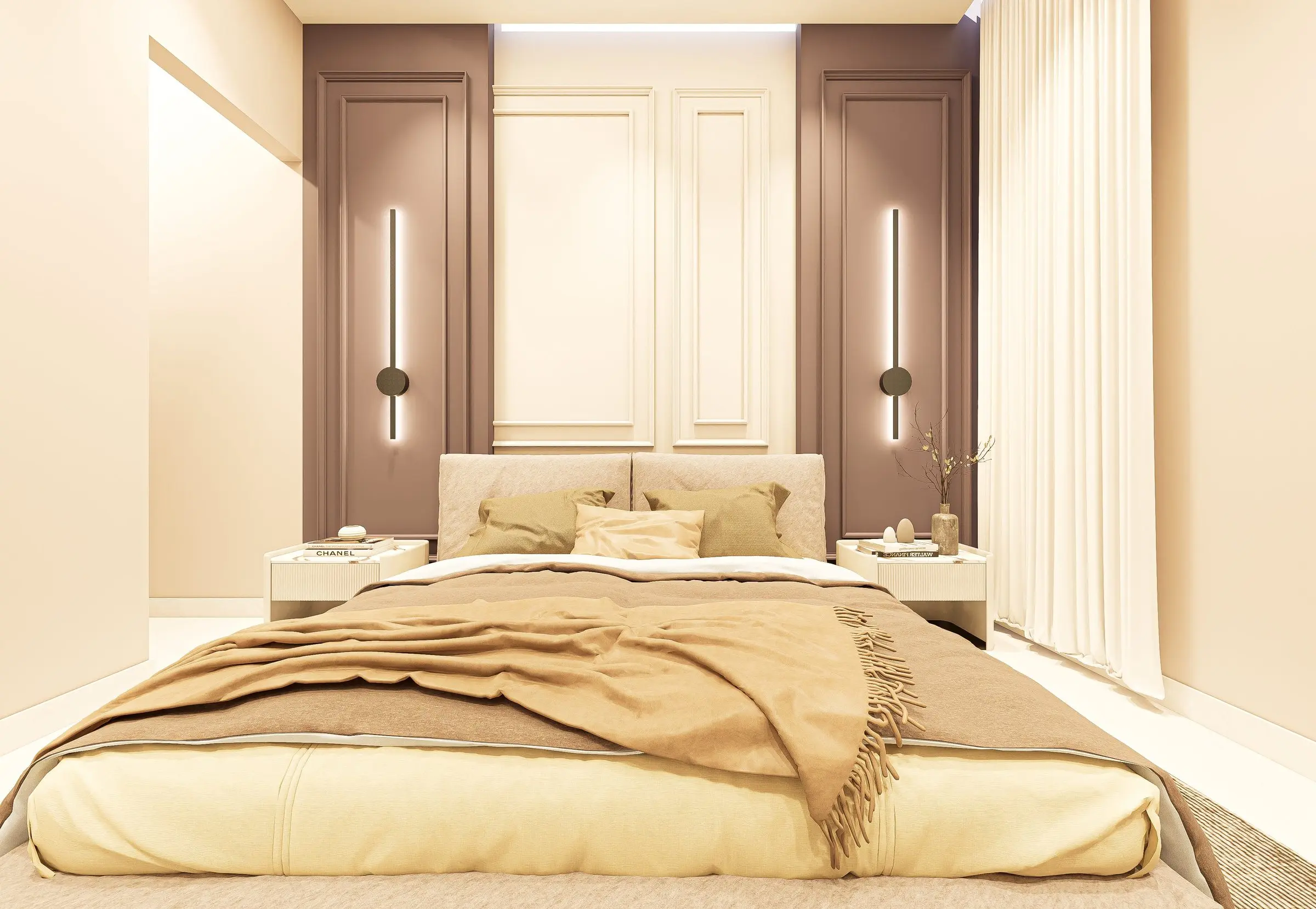 Master bedroom with mauve panels and linear wall lights