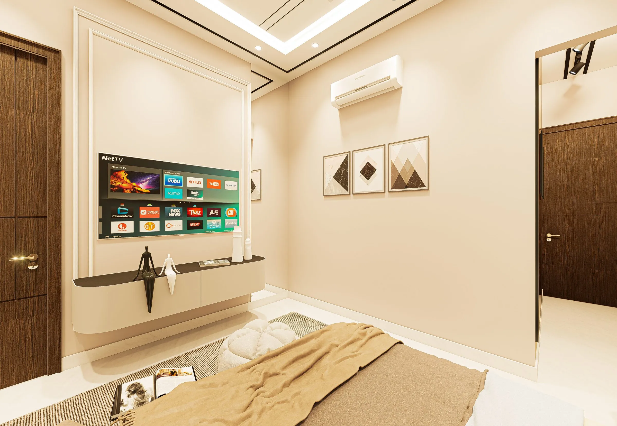 Master bedroom with a wall-mounted TV on a floating console and framed geometric art