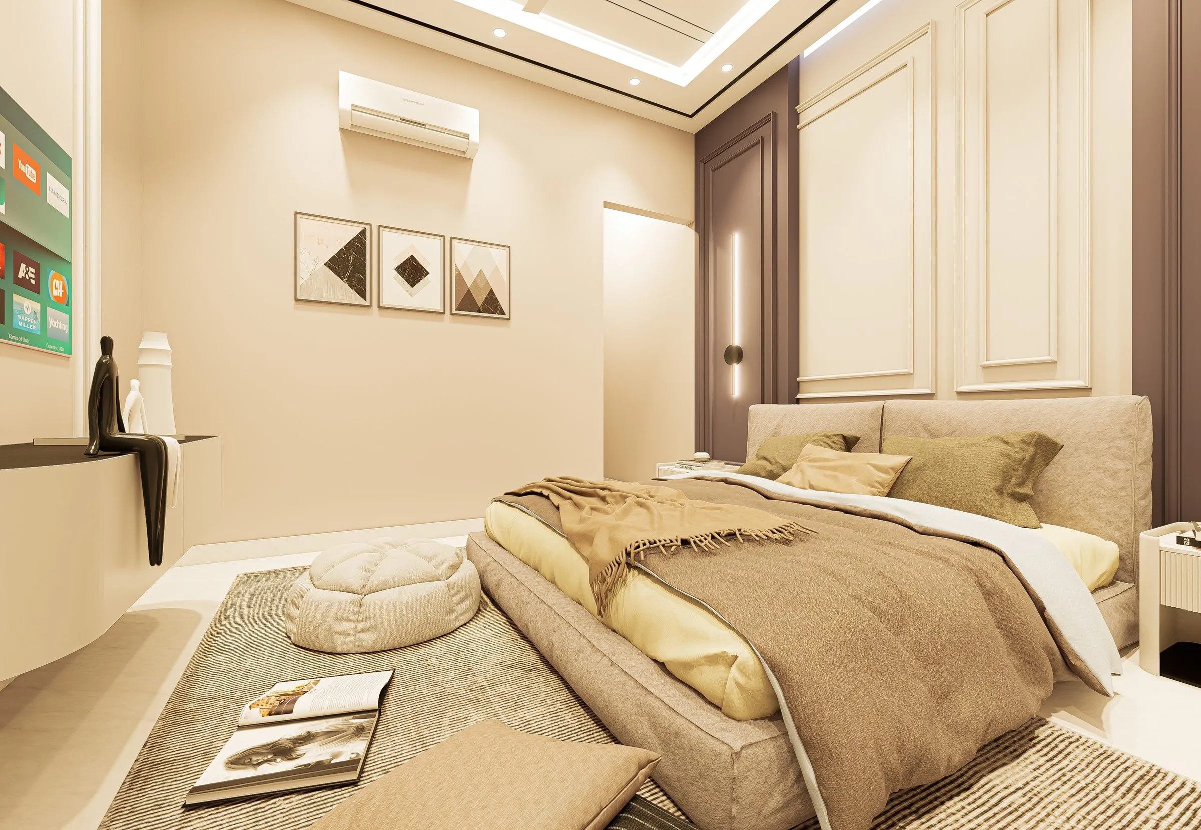 Master bedroom with an upholstered bed and panelled walls