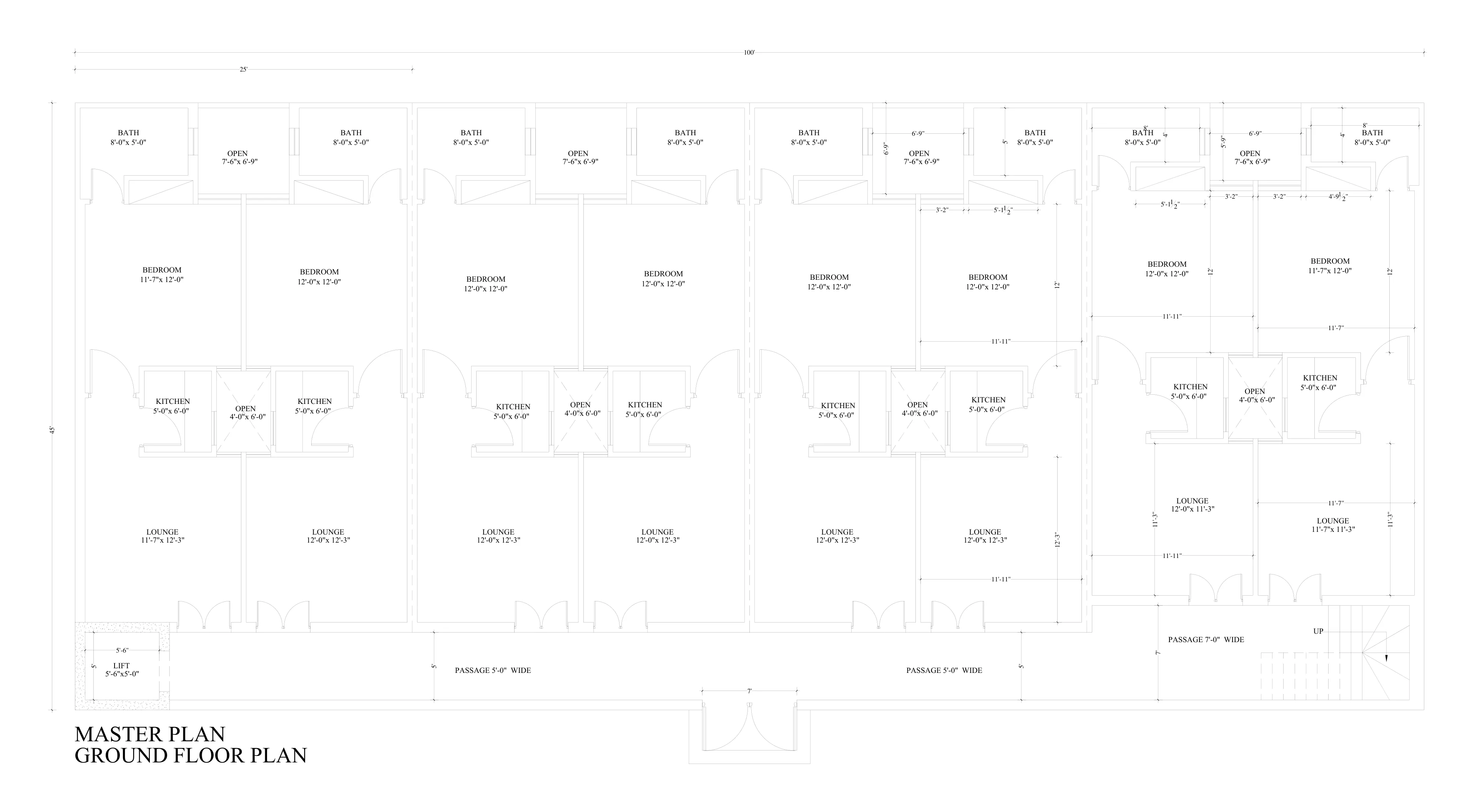 Ground-floor master plan of the 1-bed apartment block: eight apartments along a 5-ft passage, with the lift, staircase and main entrance