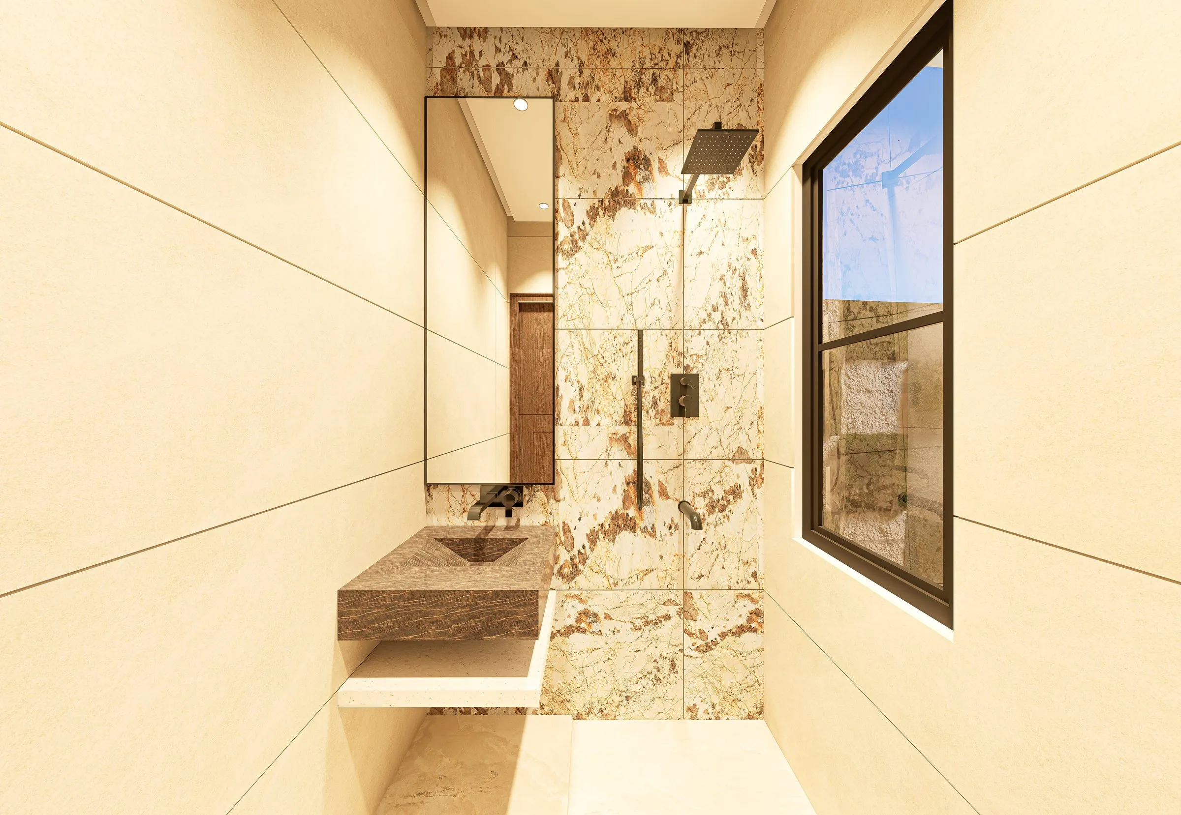 Second bathroom with gold-veined marble walls, a floating stone basin and rain shower