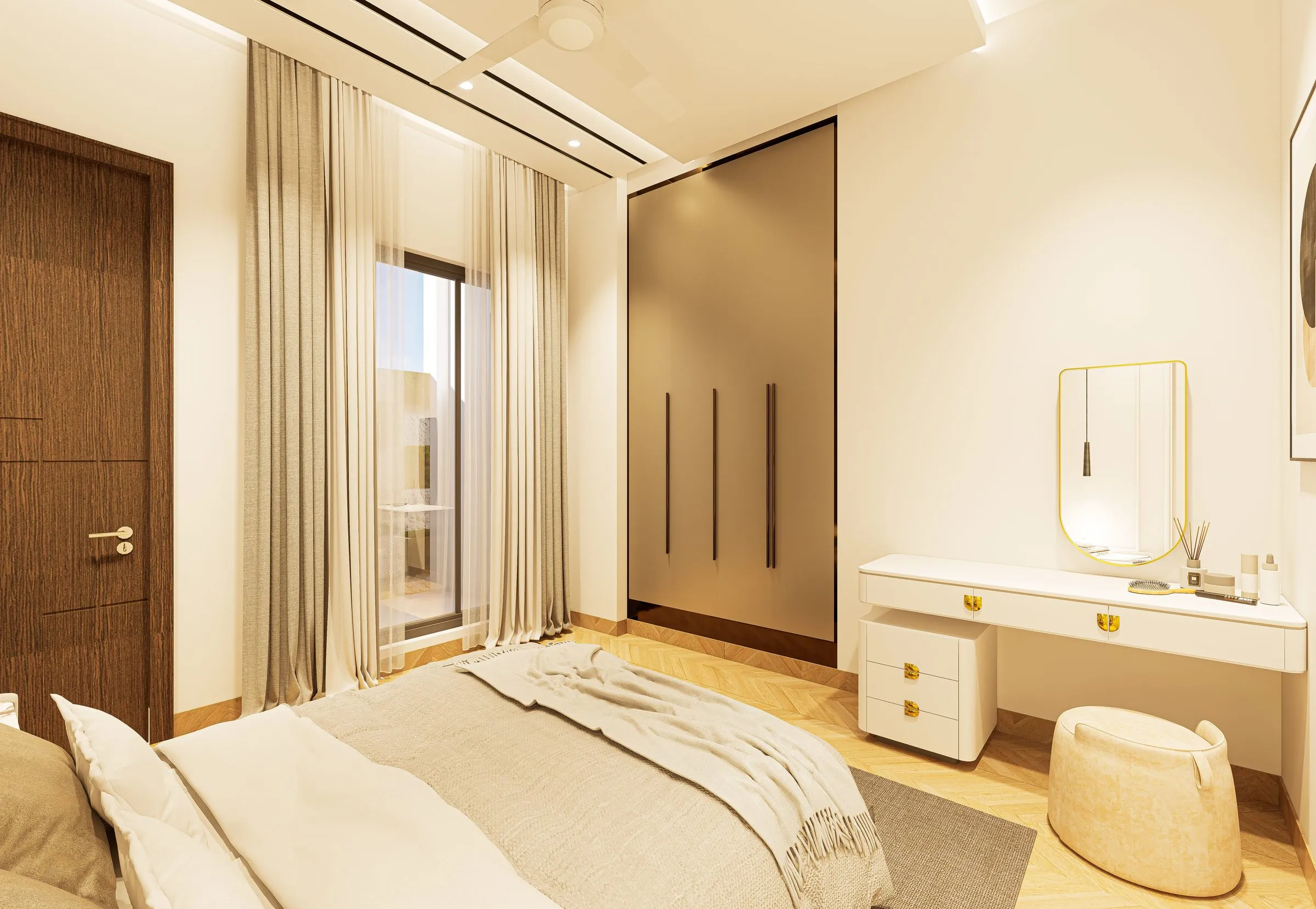 Second bedroom with a dressing table, oval mirror, fitted wardrobe and balcony door