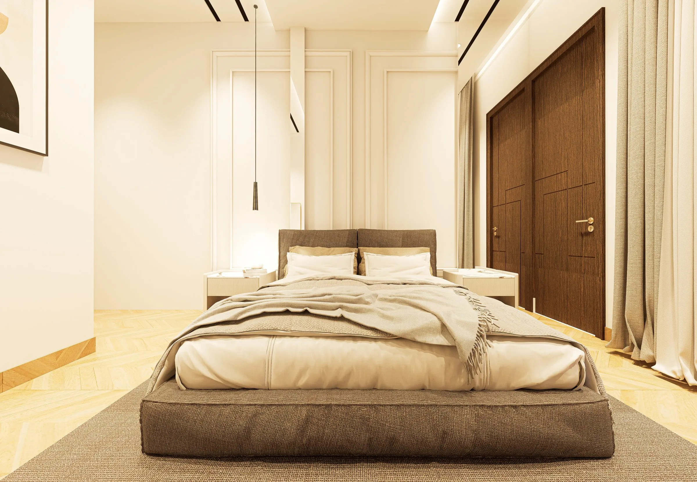 Second bedroom with herringbone timber flooring, a grey upholstered bed and pendant lights