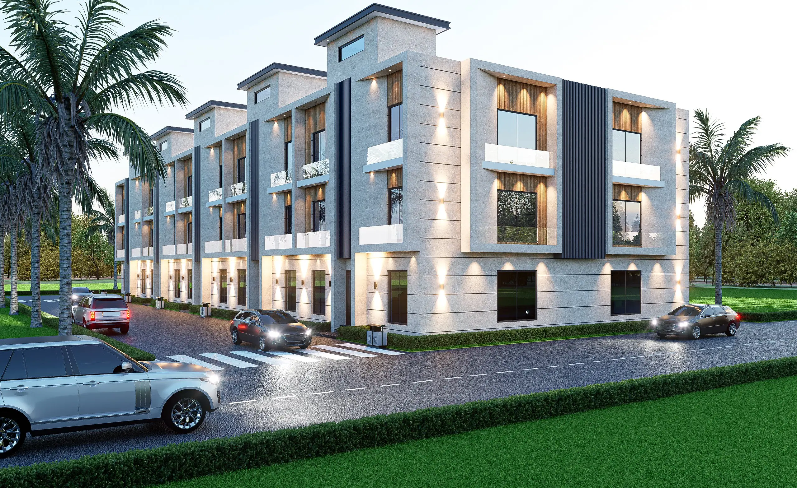Luxury Pine Villas townhouses at dusk